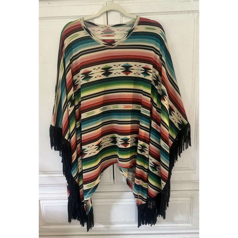 Double D Ranch Western Serape Aztec Print Black Fringe Poncho Women's Size Med.